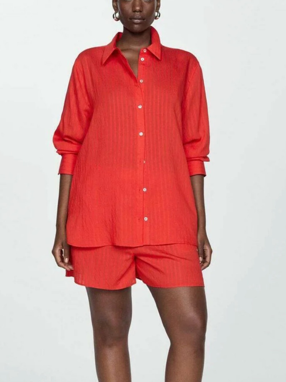 Mango Bright Red Long-Sleeve Button-Down Shirt